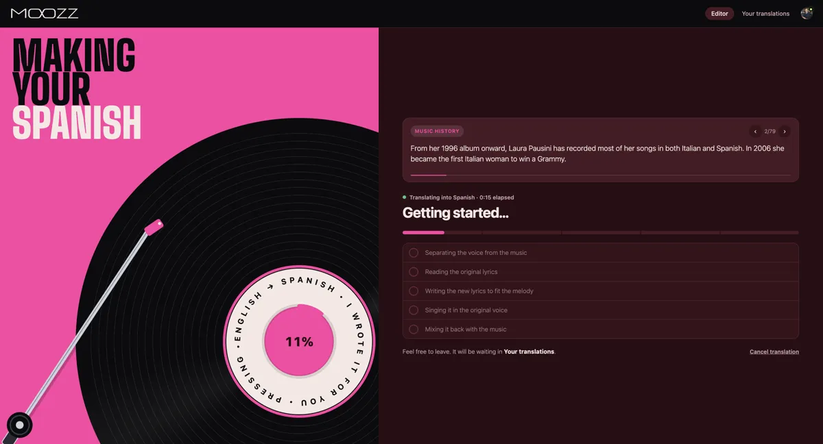 Moozz processing screen: the record shows progress while the steps run, from separating the voice to mixing it back with the music