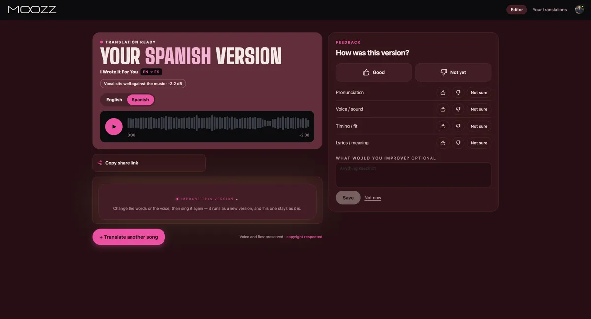 Moozz result screen: play the Spanish version, switch between English and Spanish, copy a share link and rate the version